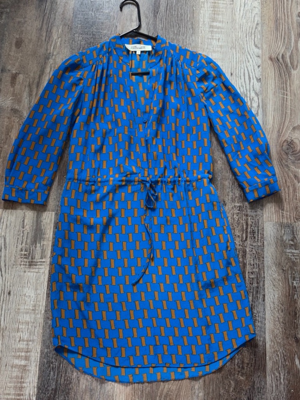 Diane Von Furstenberg Silk Cobalt Blue / Mustard Geometric Drawstring Dress sz 0